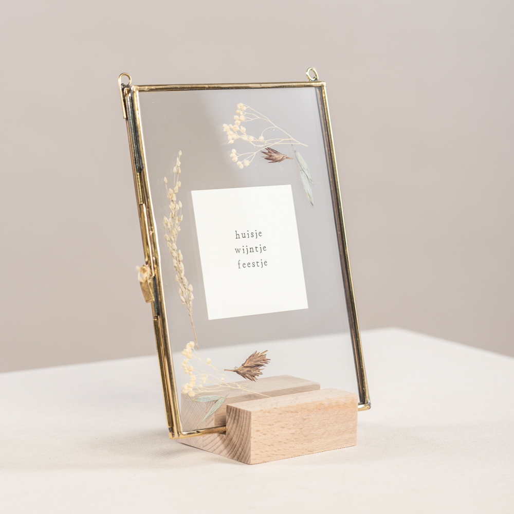 Lijst goud met droogbloemen - Huisje wijntje feestje